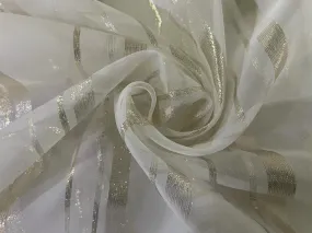 100% silk organza white with white gold lurex stripes fabric 44" wide [15512]