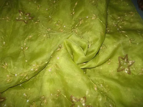 100%SILK ORGANZA FABRIC KIWI GREEN COLOUR embroidered 44&quot; wide [1016]