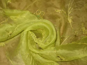 100%SILK ORGANZA FABRIC KIWI GREEN COLOUR embroidered 44&quot; wide [1016]