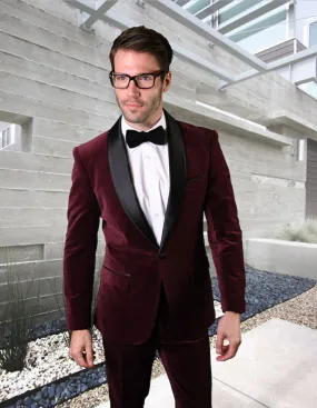 3Pc Velvet Suit Tailored Fit Flat Front Velvet Pants With Bow Tie | VL-100| Burgundy