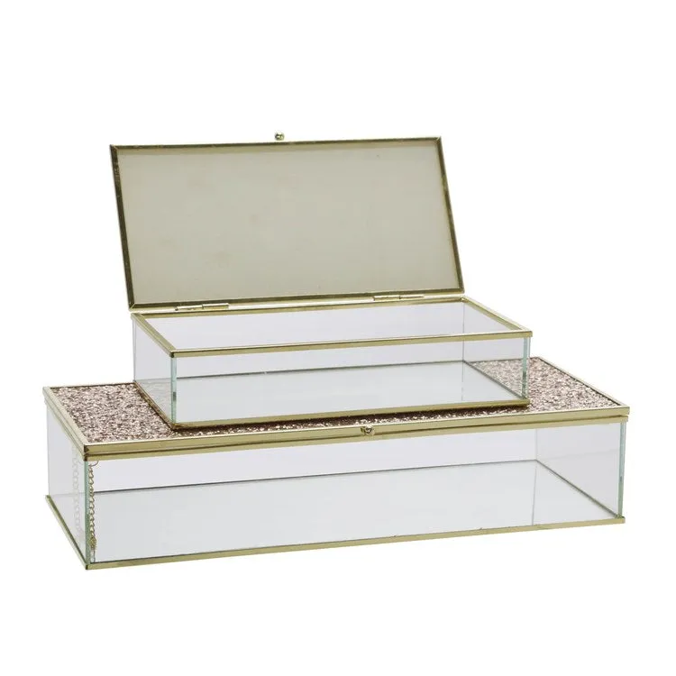 8"/10" Metal/Glass Lidded Boxes with Glittered Tops Set of 2 - Blush