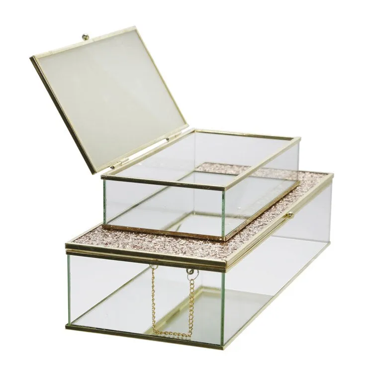 8"/10" Metal/Glass Lidded Boxes with Glittered Tops Set of 2 - Blush