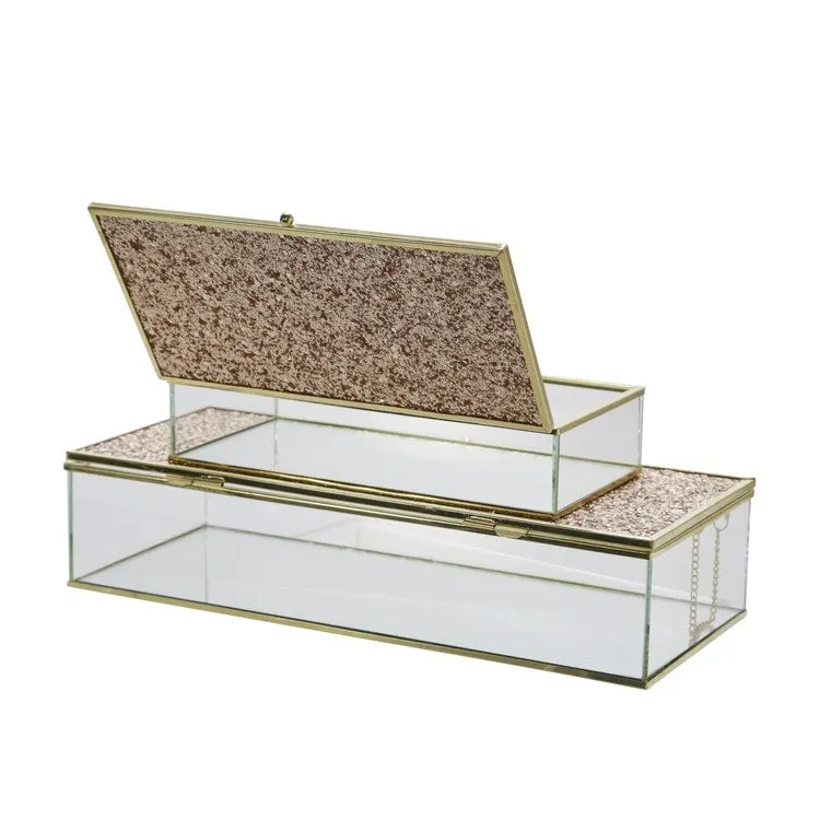 8"/10" Metal/Glass Lidded Boxes with Glittered Tops Set of 2 - Blush