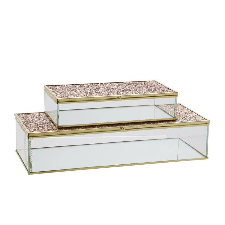 8"/10" Metal/Glass Lidded Boxes with Glittered Tops Set of 2 - Blush