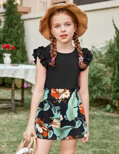 Arshiner Girl's 2 Piece Outfits Ruffle Sleeve Top and High Waist Shorts Set Summer Clothes with Pockets,Pink,6-7 Years