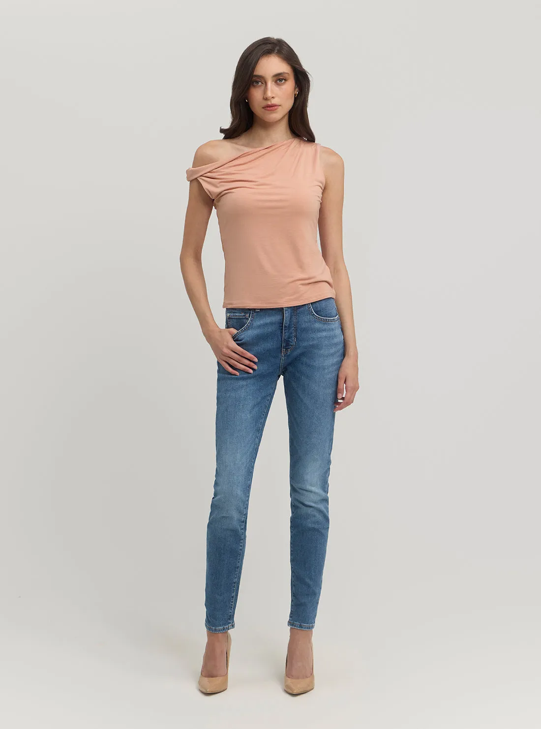 Beige Twisted Rita One Shoulder top