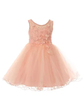 Big Girls Peach 3D Floral Sequin Wired Tulle Skirt Junior Bridesmaid Dress 8-12