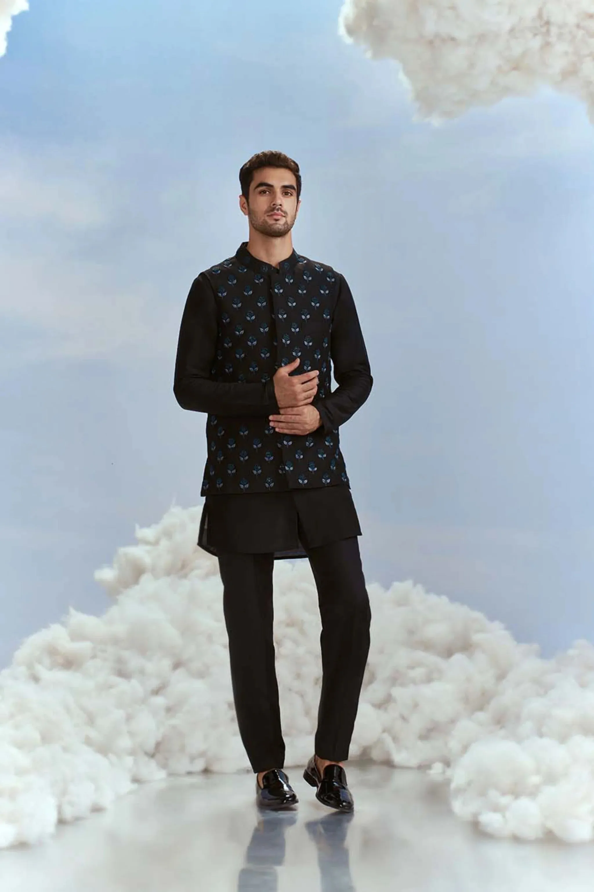 Black Nawab Pearl Boota Bundi Kurta Set