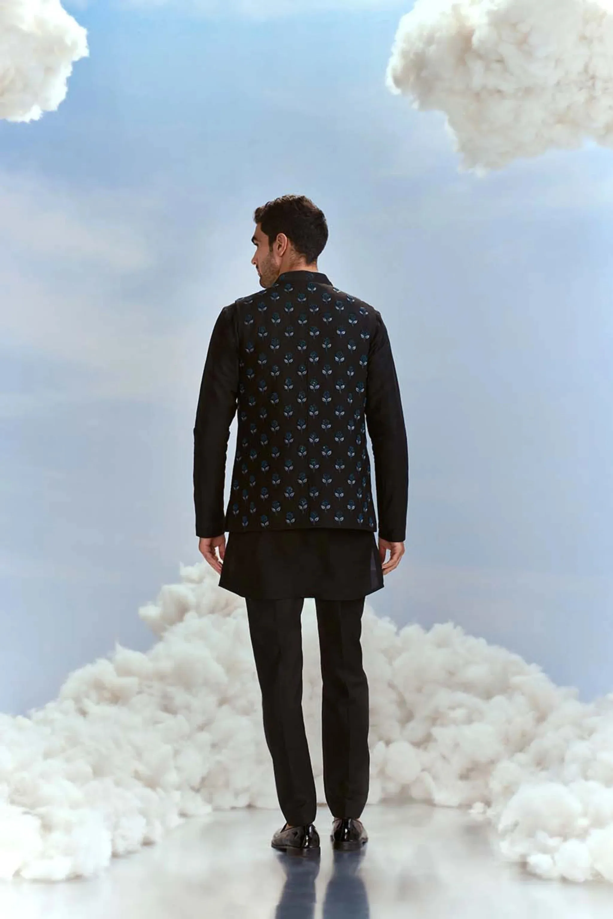 Black Nawab Pearl Boota Bundi Kurta Set