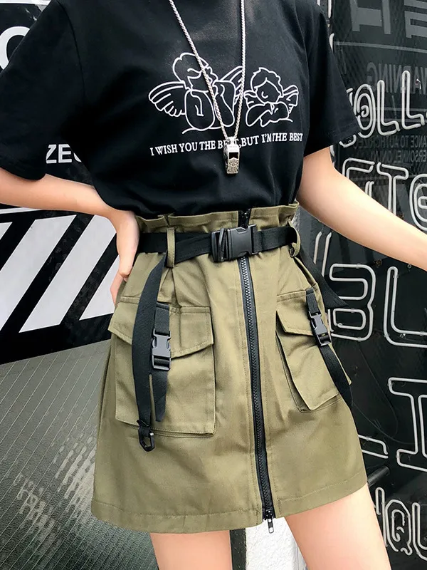 Buckle Waist Zip Up Cargo Mini Skirt