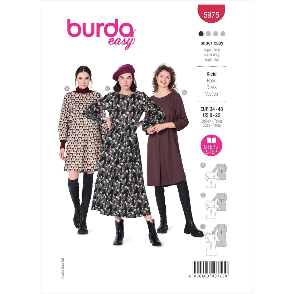 Burda Style Pattern 5975 Misses' Dress with Scoop Neckline and Sleeve Bands B5975