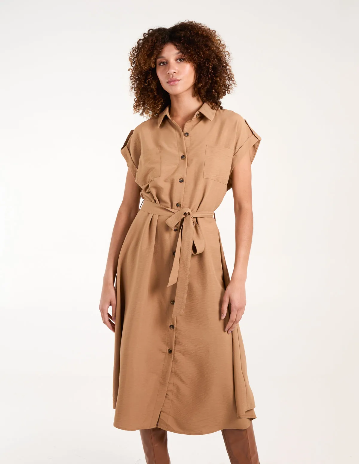 Button Front Midi Utility Shirt Dress