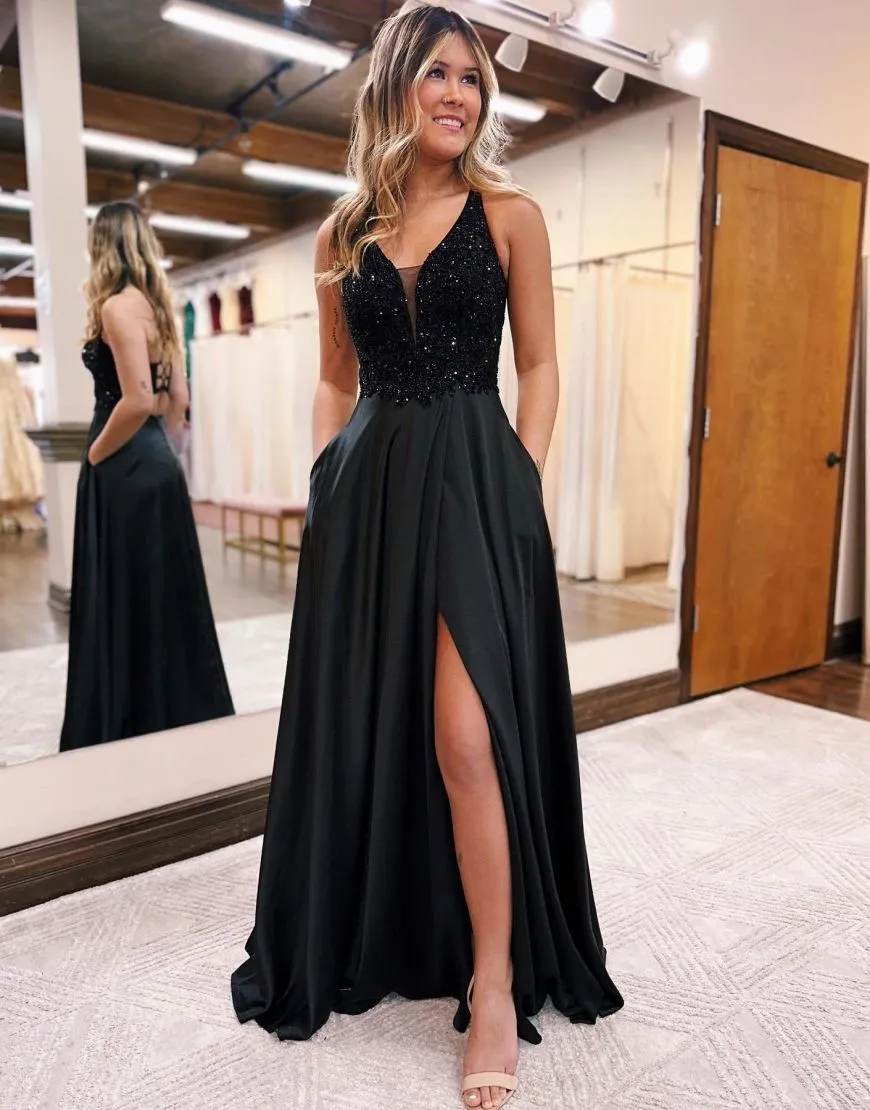Colette |A-Line V-Neck Satin Prom Dress with Slit