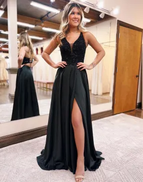 Colette |A-Line V-Neck Satin Prom Dress with Slit