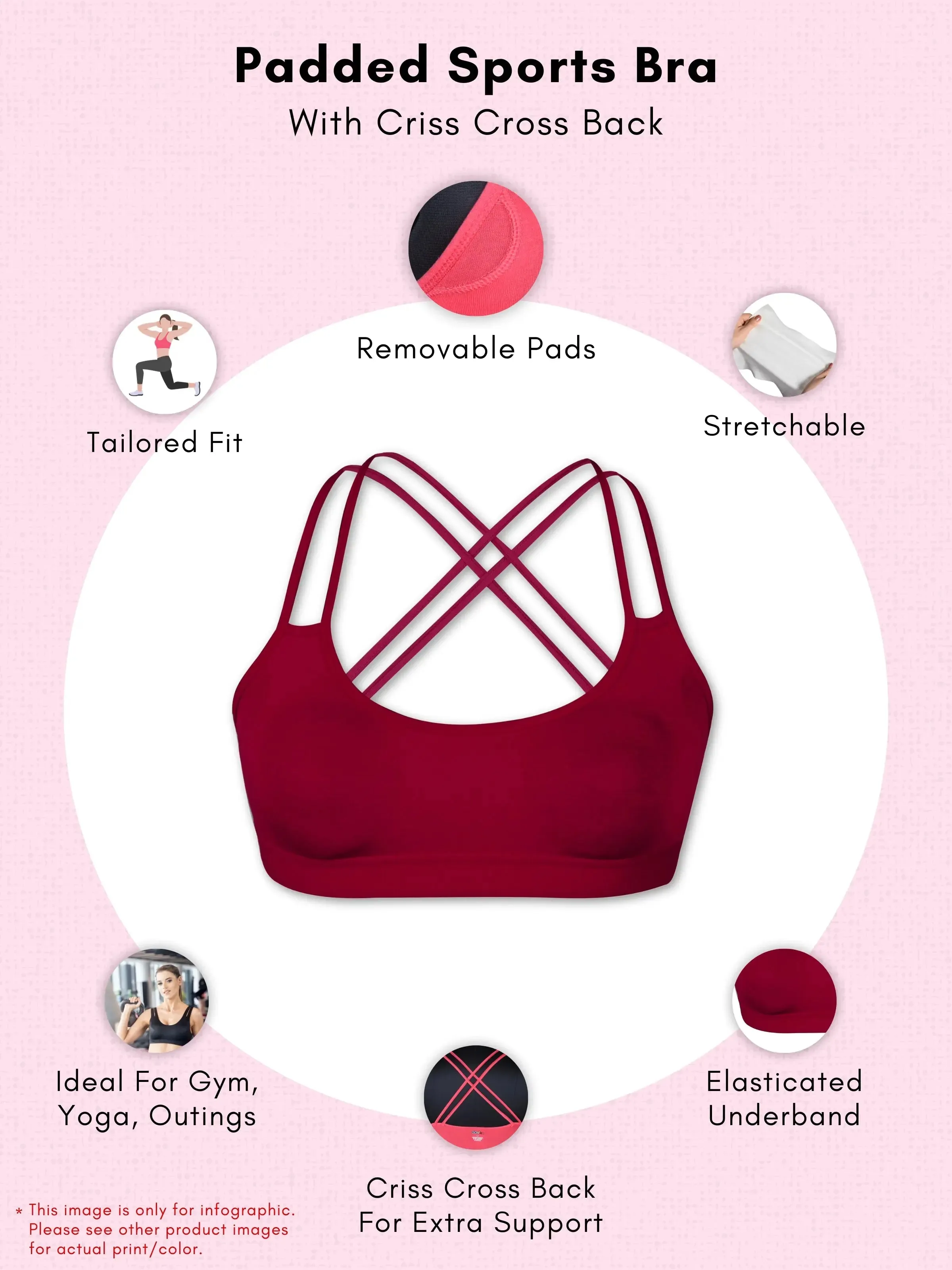 Cotton Criss Cross Back Sports Bra in Navy Blue with Removable Padding, Elastic Underband & Full Support bra-Pack-of-1