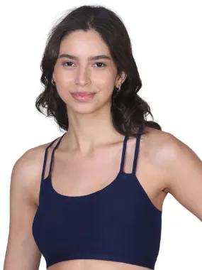 Cotton Criss Cross Back Sports Bra in Navy Blue with Removable Padding, Elastic Underband & Full Support bra-Pack-of-1