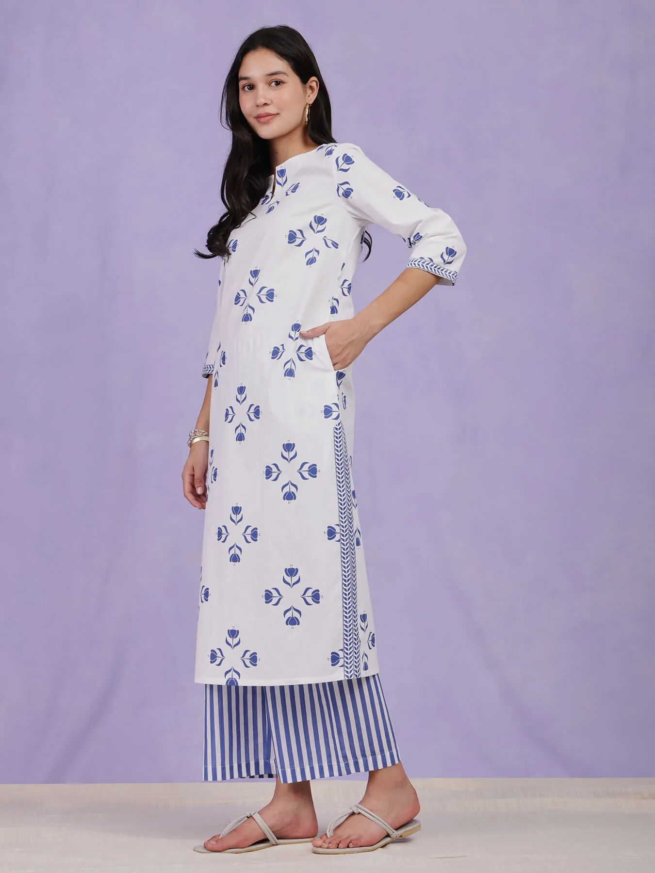 Cotton Floral Motif Kurta Set - Blue & White