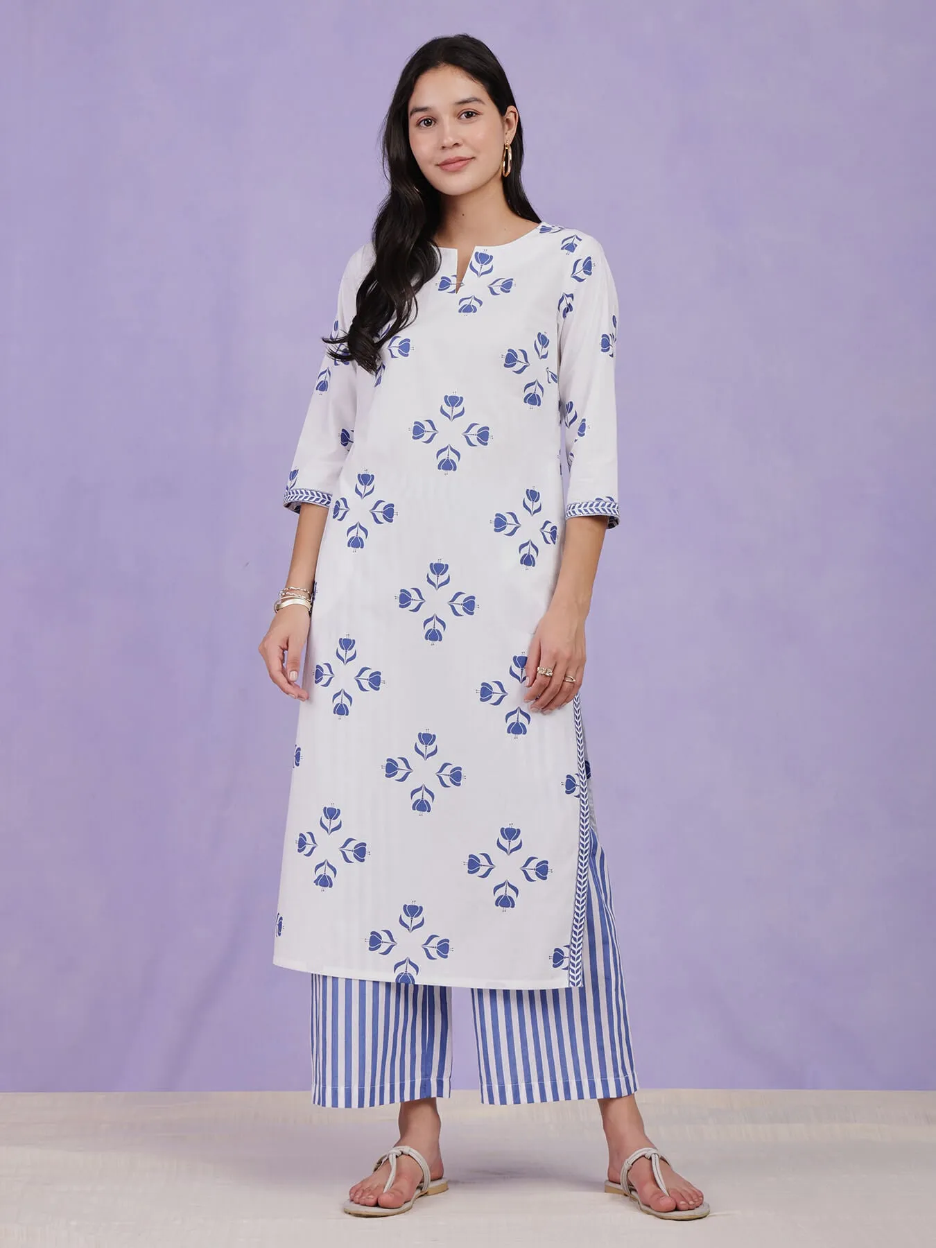 Cotton Floral Motif Kurta Set - Blue & White