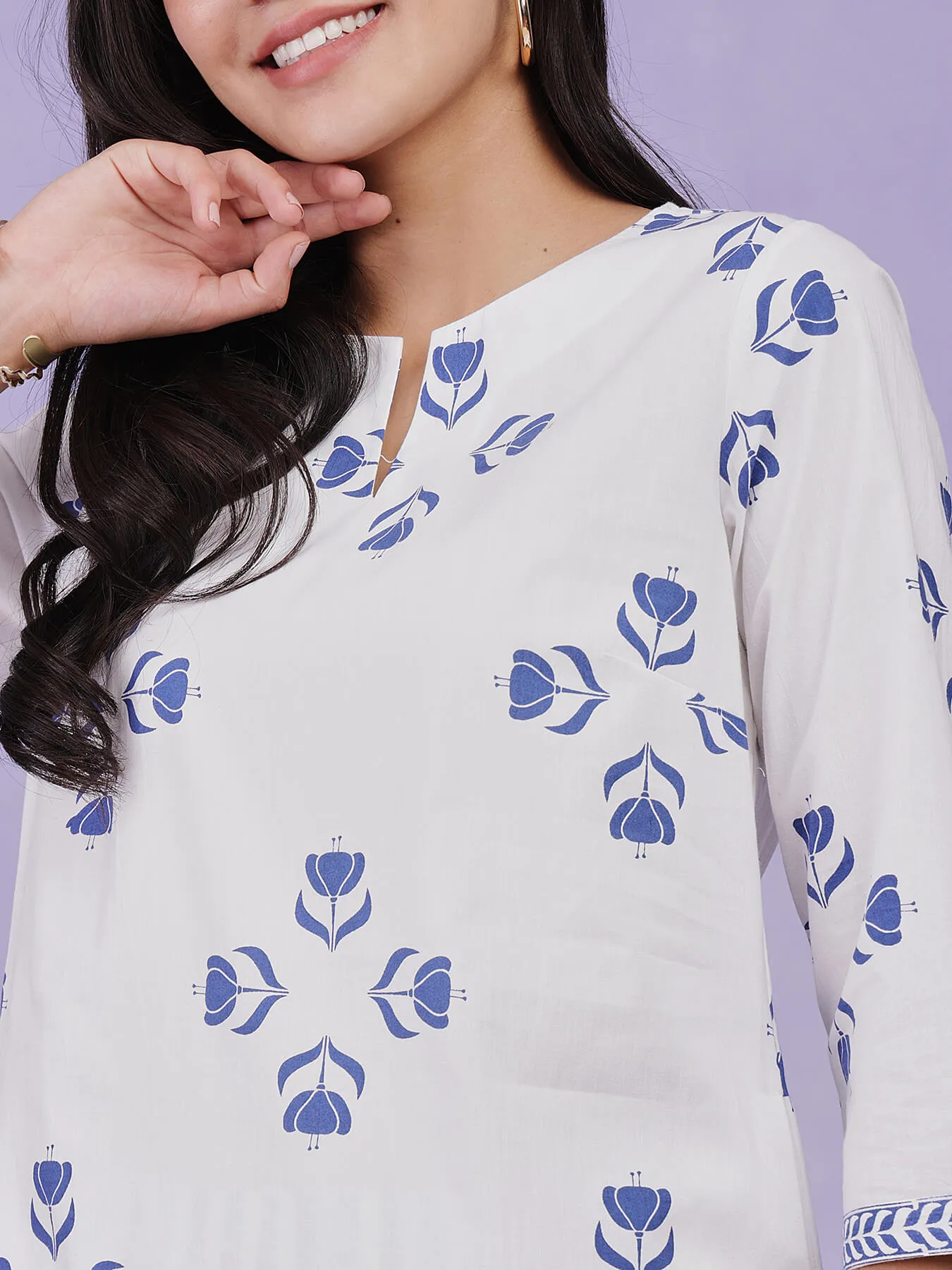 Cotton Floral Motif Kurta Set - Blue & White