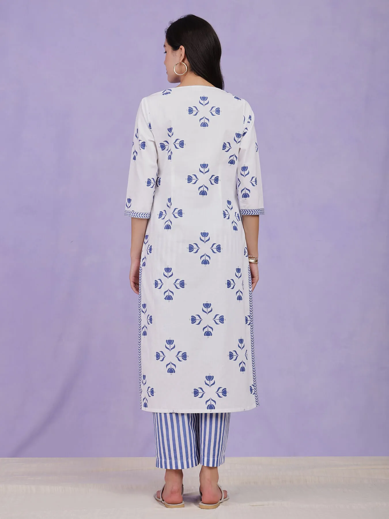 Cotton Floral Motif Kurta Set - Blue & White