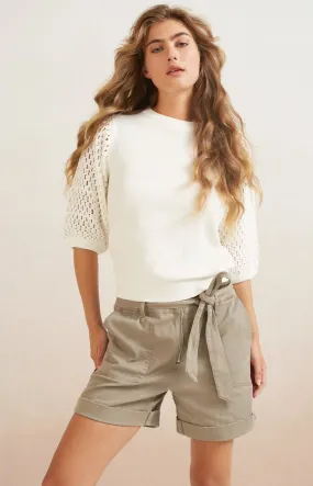 Cotton sweater with crewneck and half long detailed sleeves