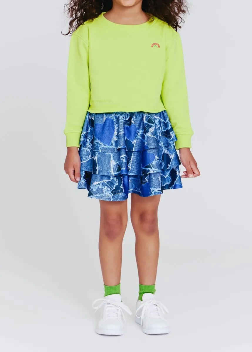 DENIM HEART PATCHWORK RUFFLE SKIRT