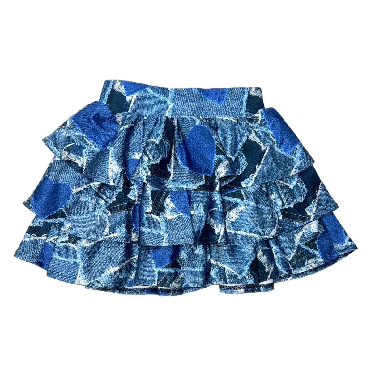 DENIM HEART PATCHWORK RUFFLE SKIRT