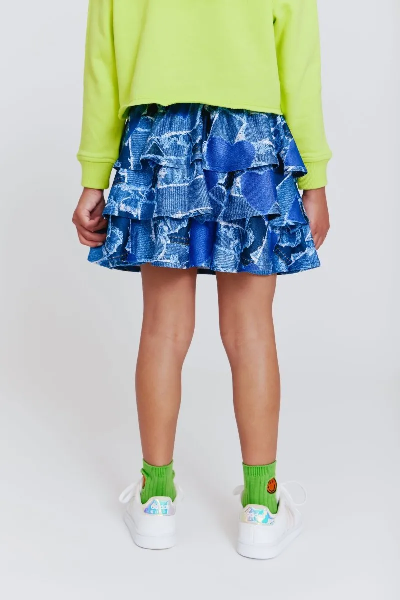 DENIM HEART PATCHWORK RUFFLE SKIRT