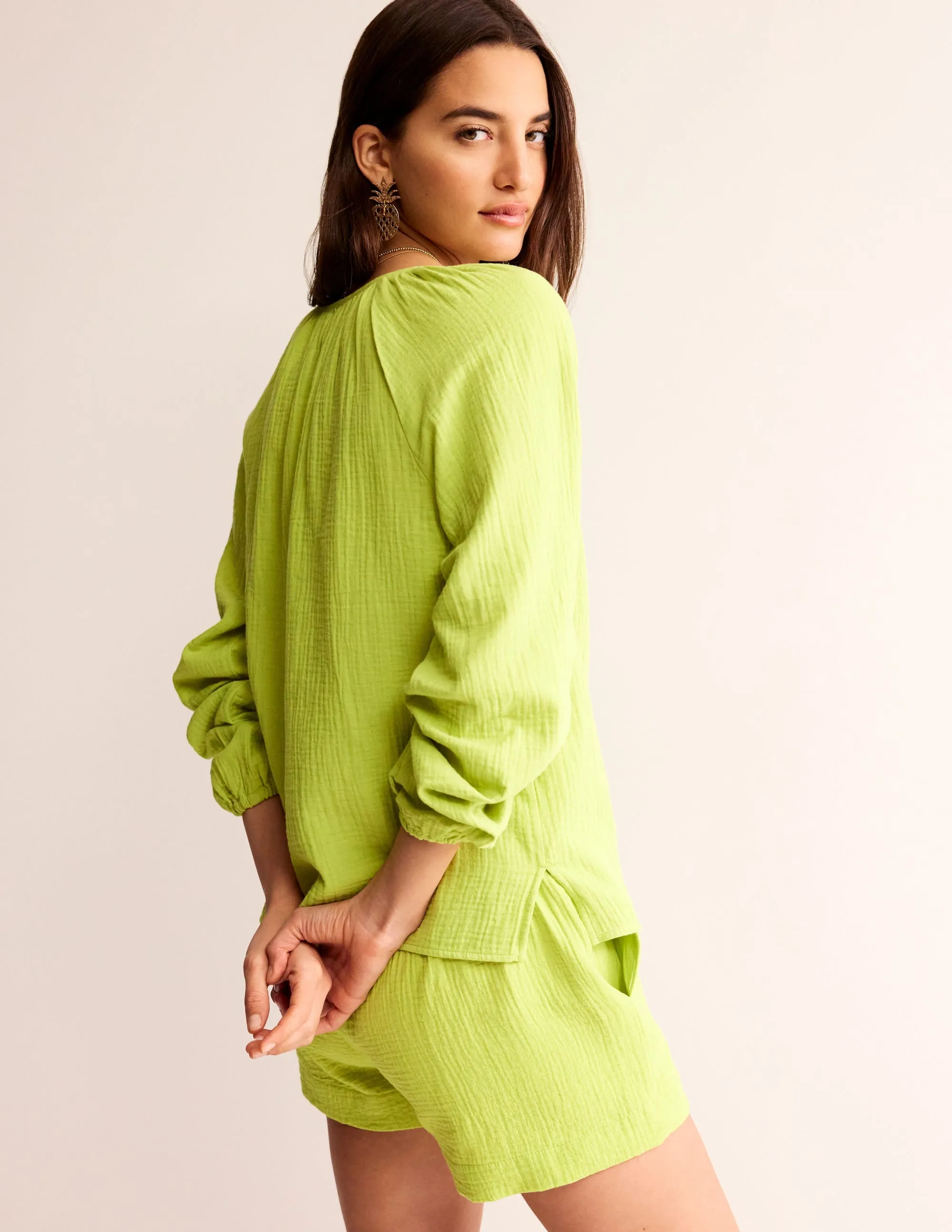 Doublecloth Blouson Sleeve Top-Bright Chartreuse