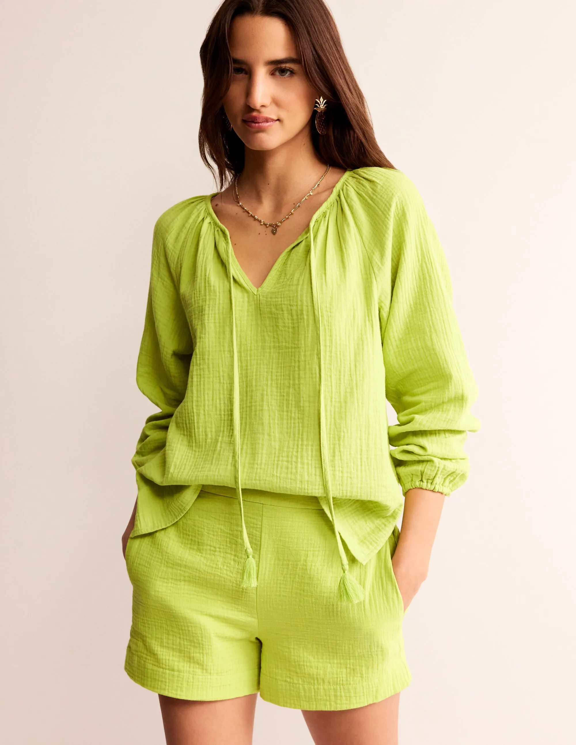 Doublecloth Blouson Sleeve Top-Bright Chartreuse