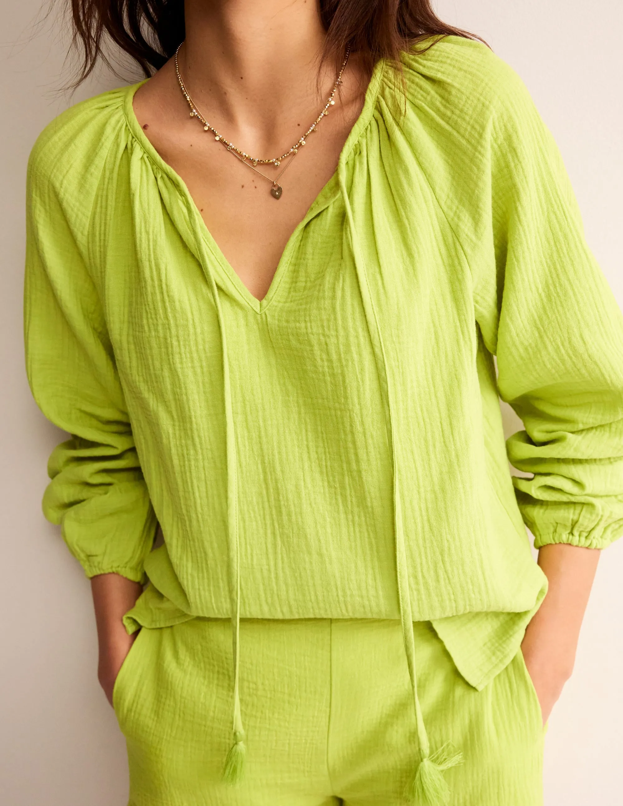 Doublecloth Blouson Sleeve Top-Bright Chartreuse