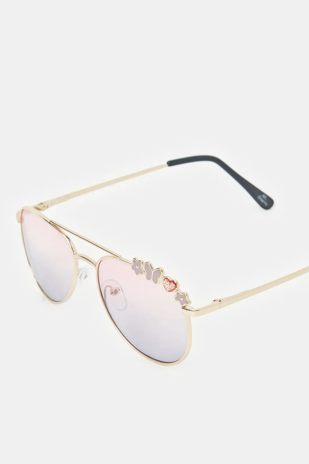 Girls Gold Aviator Floral Embellished Sunglasses