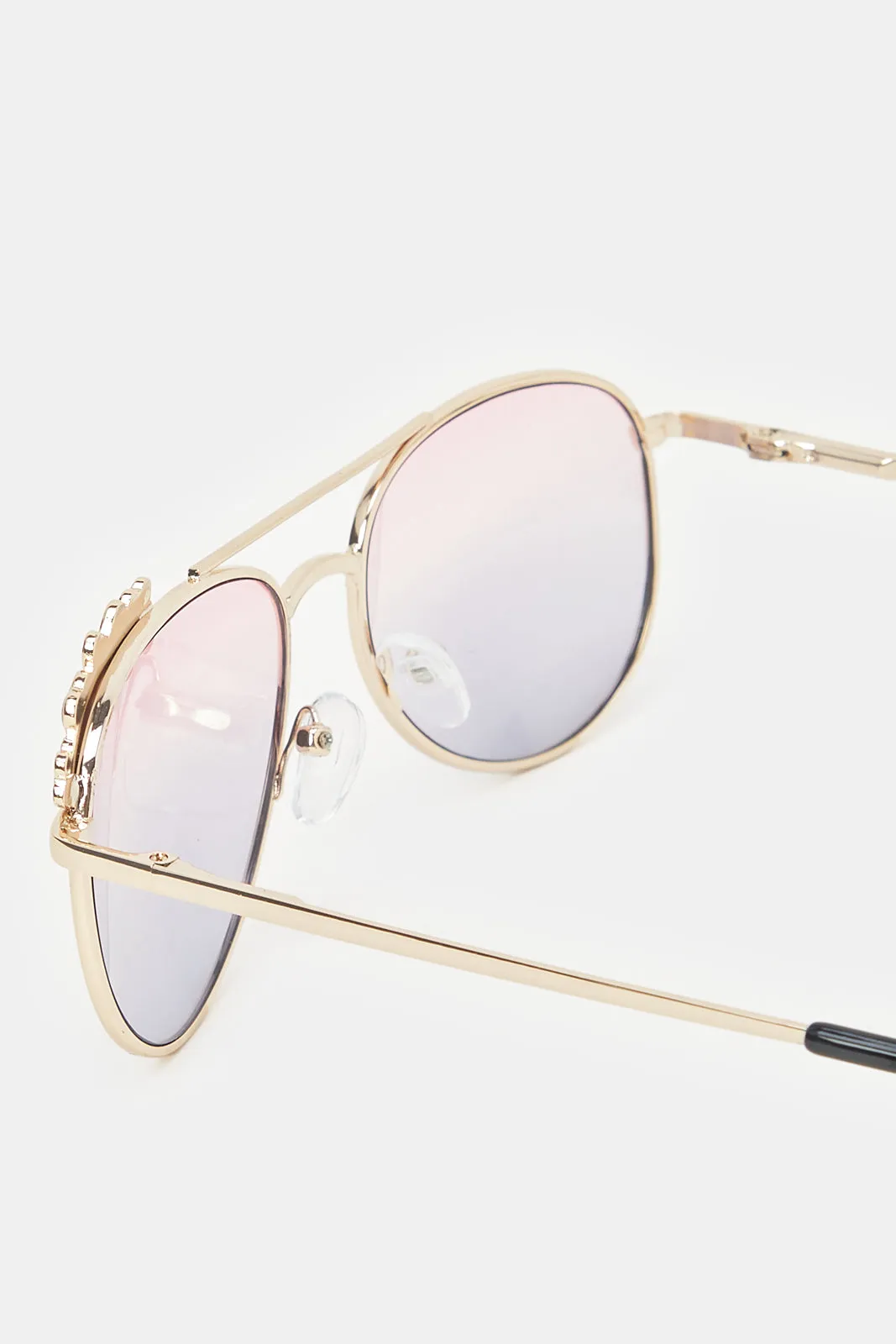 Girls Gold Aviator Floral Embellished Sunglasses