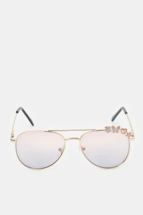 Girls Gold Aviator Floral Embellished Sunglasses