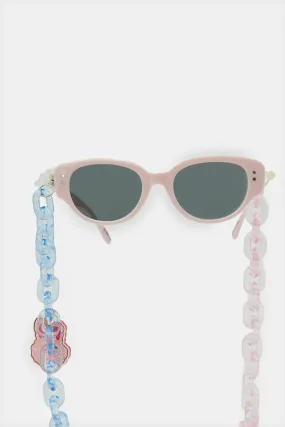 Girls White And Pink Wayfarer Sunglasses With Chain