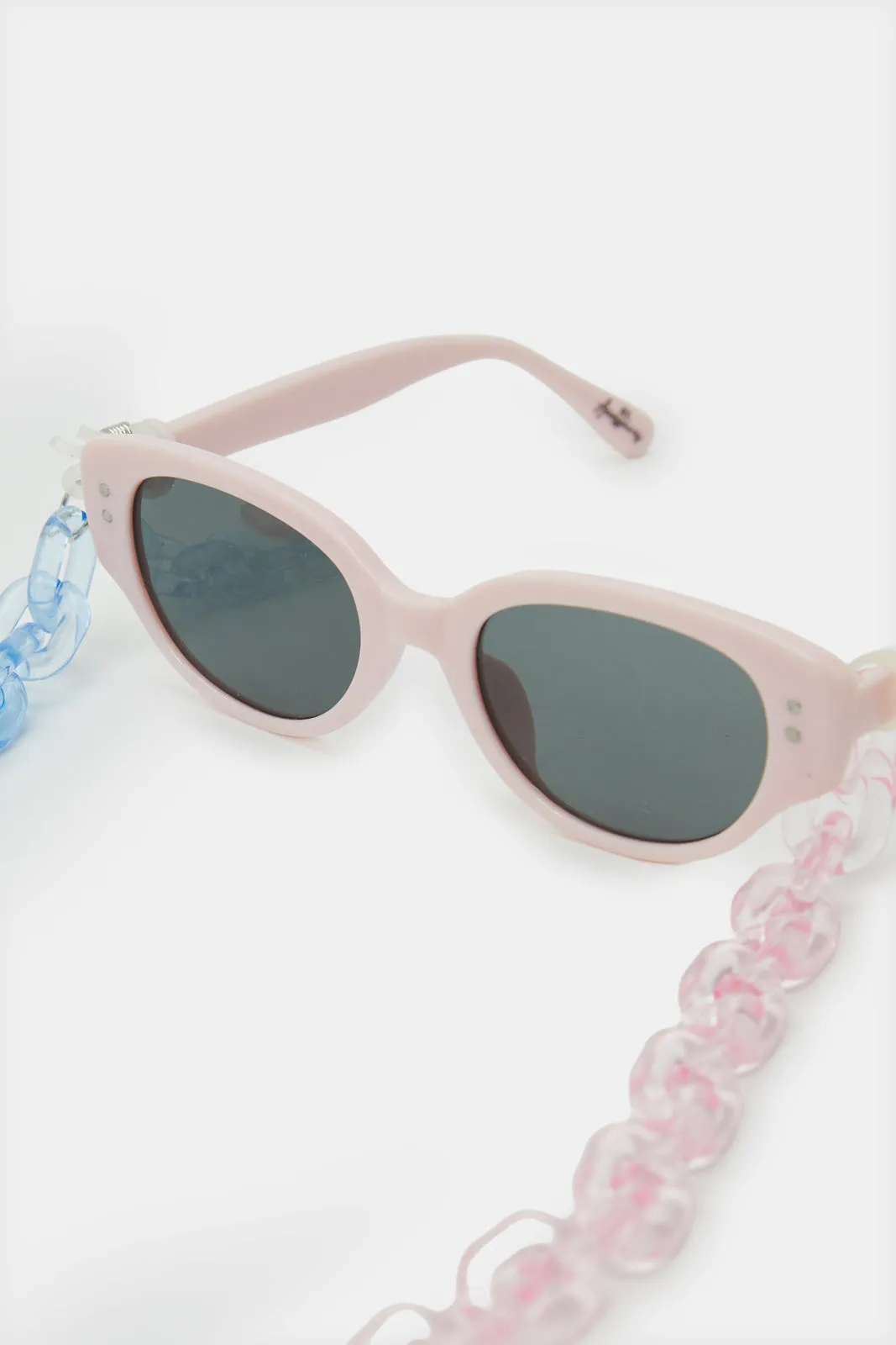 Girls White And Pink Wayfarer Sunglasses With Chain