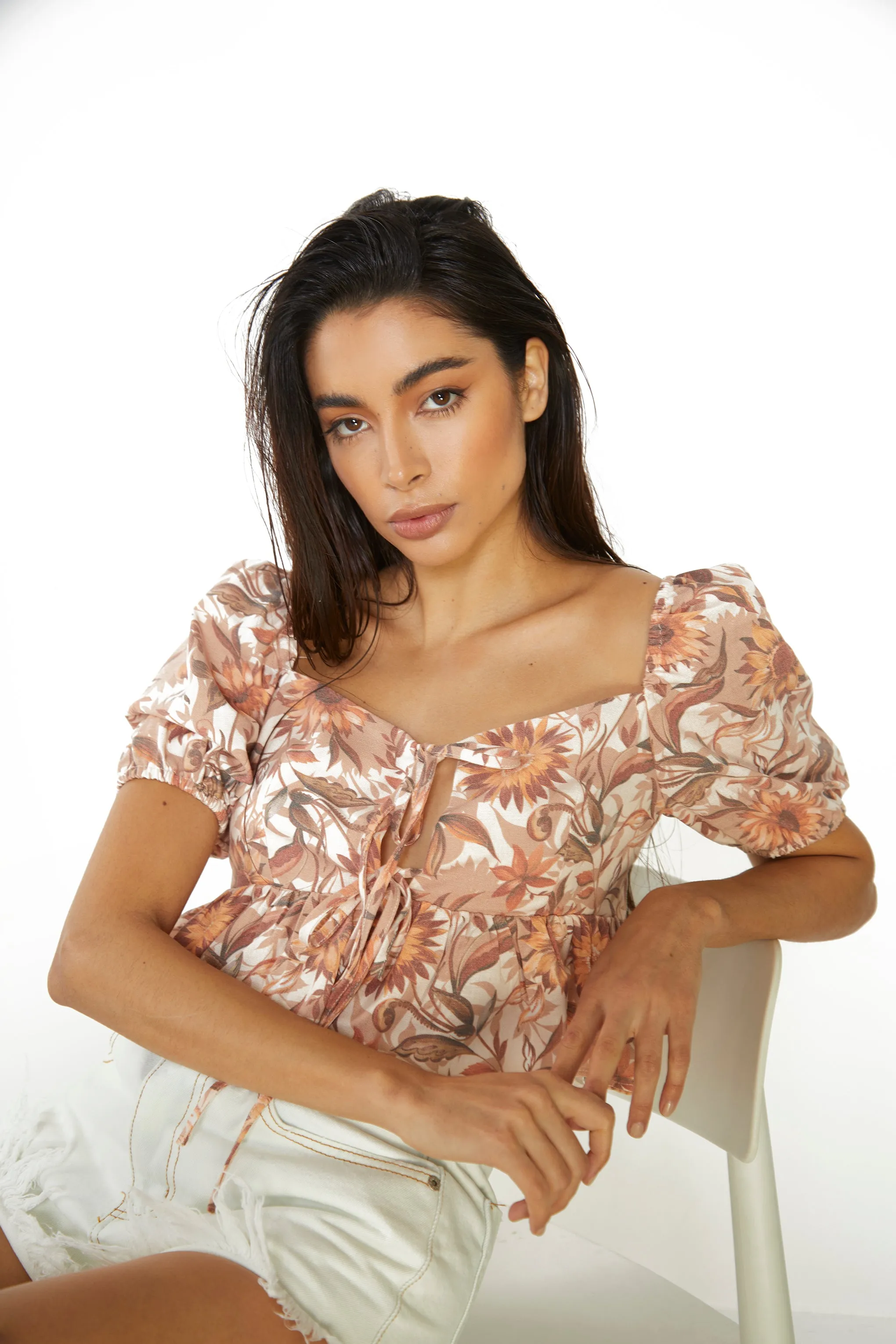 Glamorous Multi Sunflower Sweetheart Neckline Peplum Top