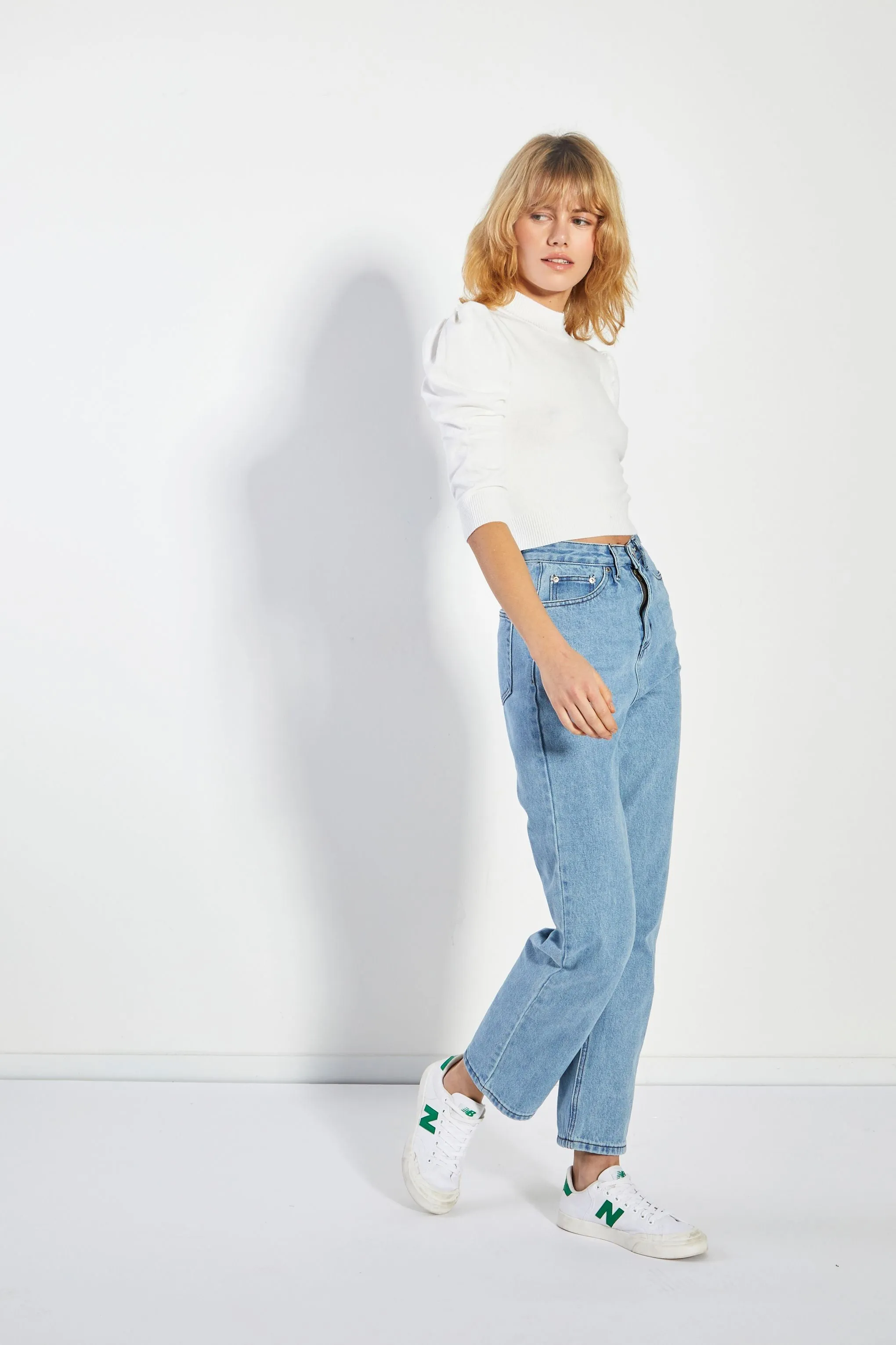 Glamorous White High Neck Puff Shoulder Top