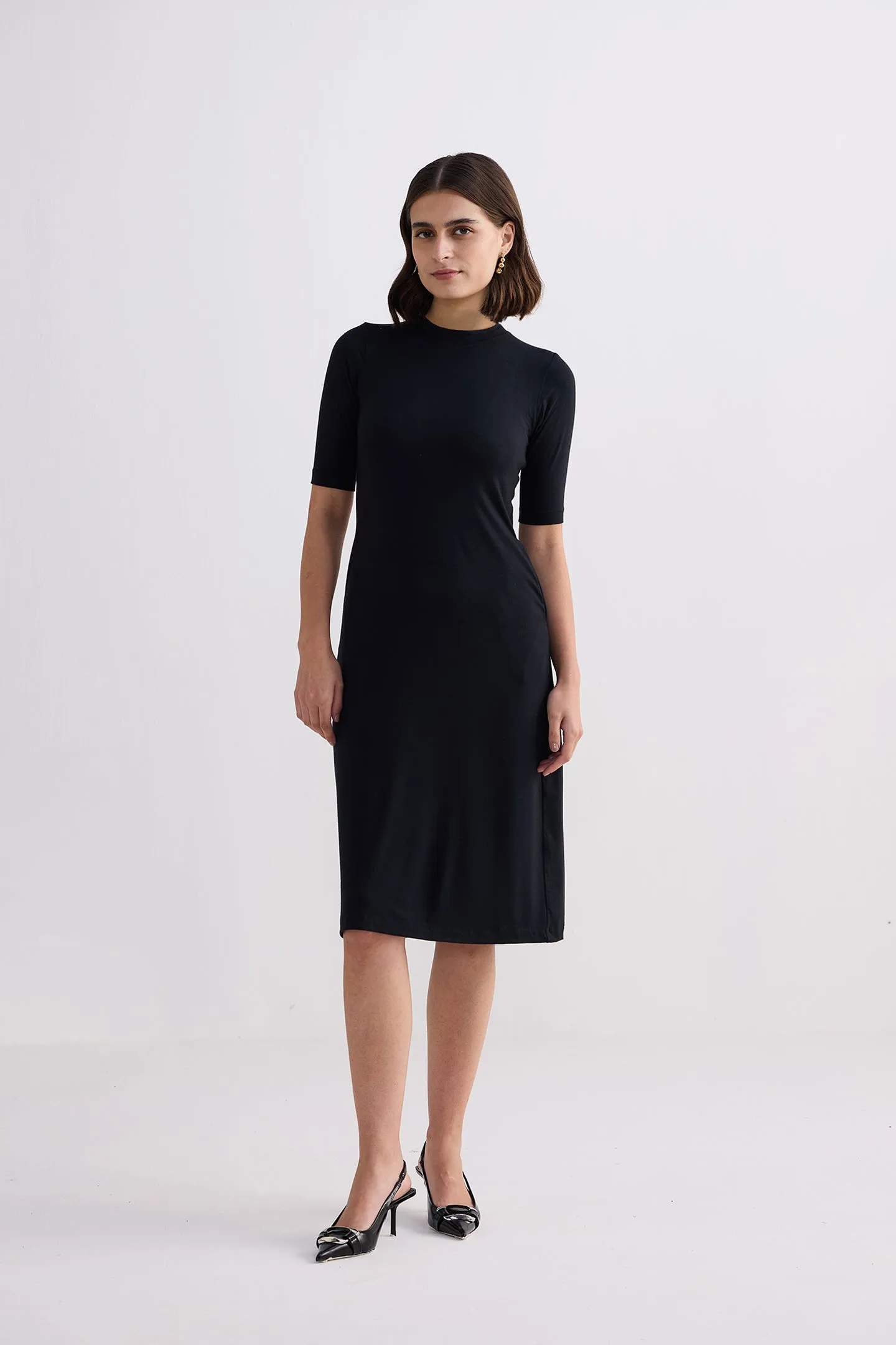 High Crew Neck Elbow Sleeves Fitted Dress in Black