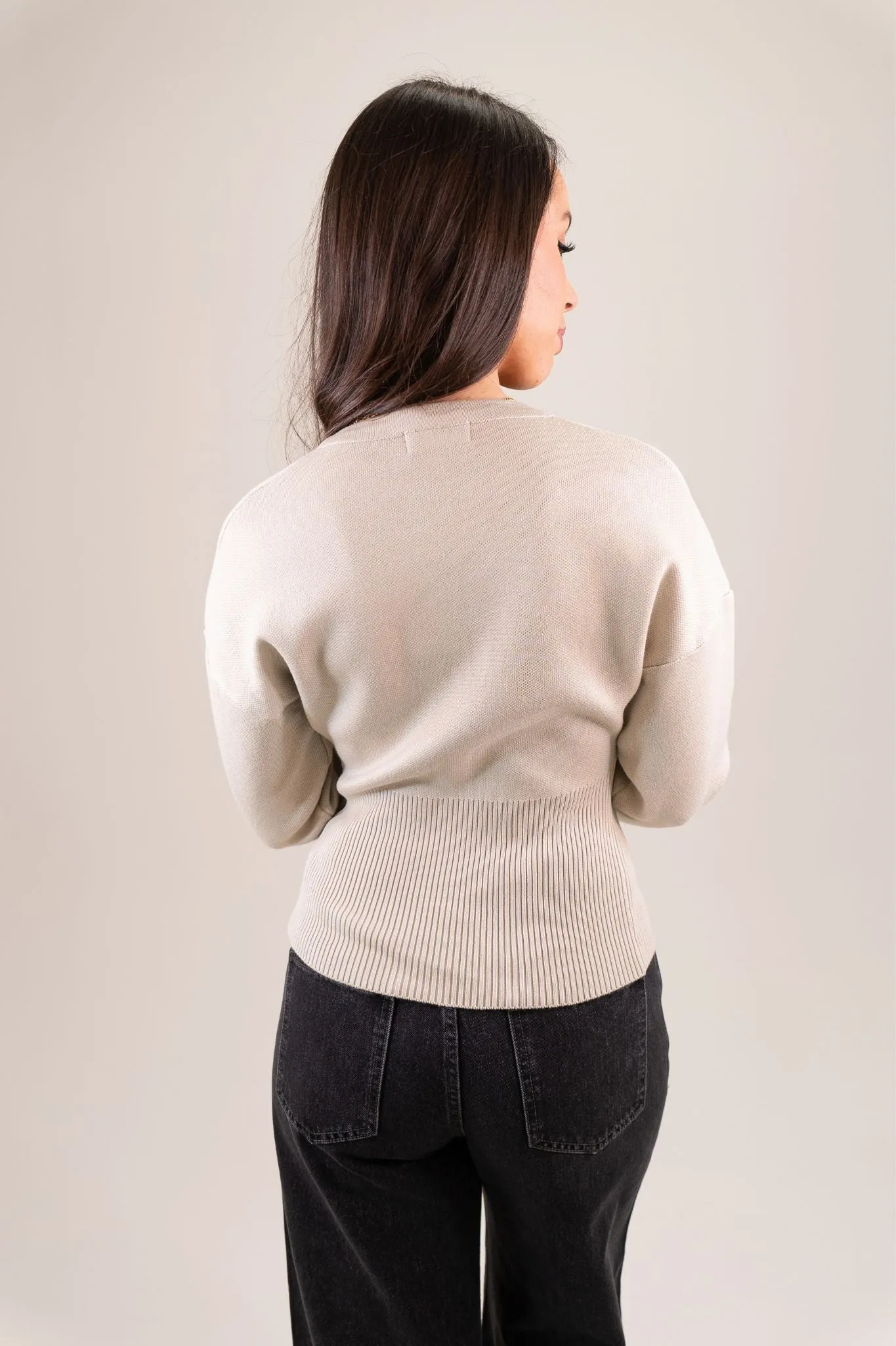 Lila Ribbed Waist Cardigan In Taupe