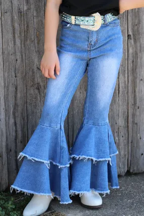 LT.BLUE DOUBLE LAYER DENIM BELL PANTS.
