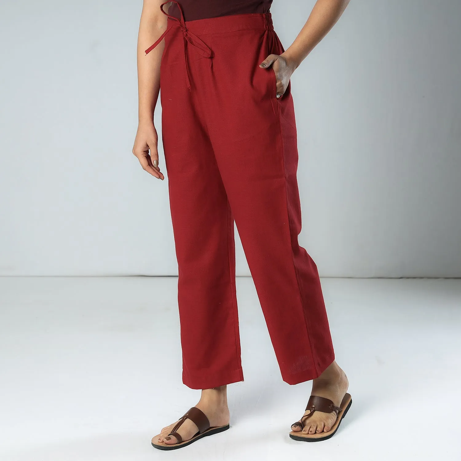 Maroon - Texture Plain Dyed Cotton Relaxed Fit Pant
