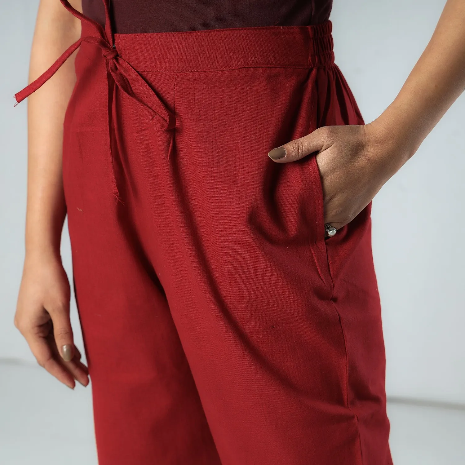 Maroon - Texture Plain Dyed Cotton Relaxed Fit Pant