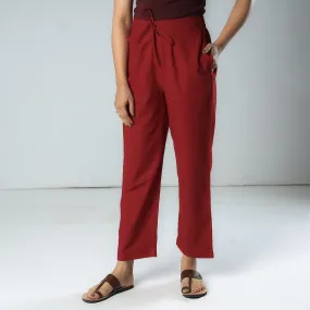 Maroon - Texture Plain Dyed Cotton Relaxed Fit Pant