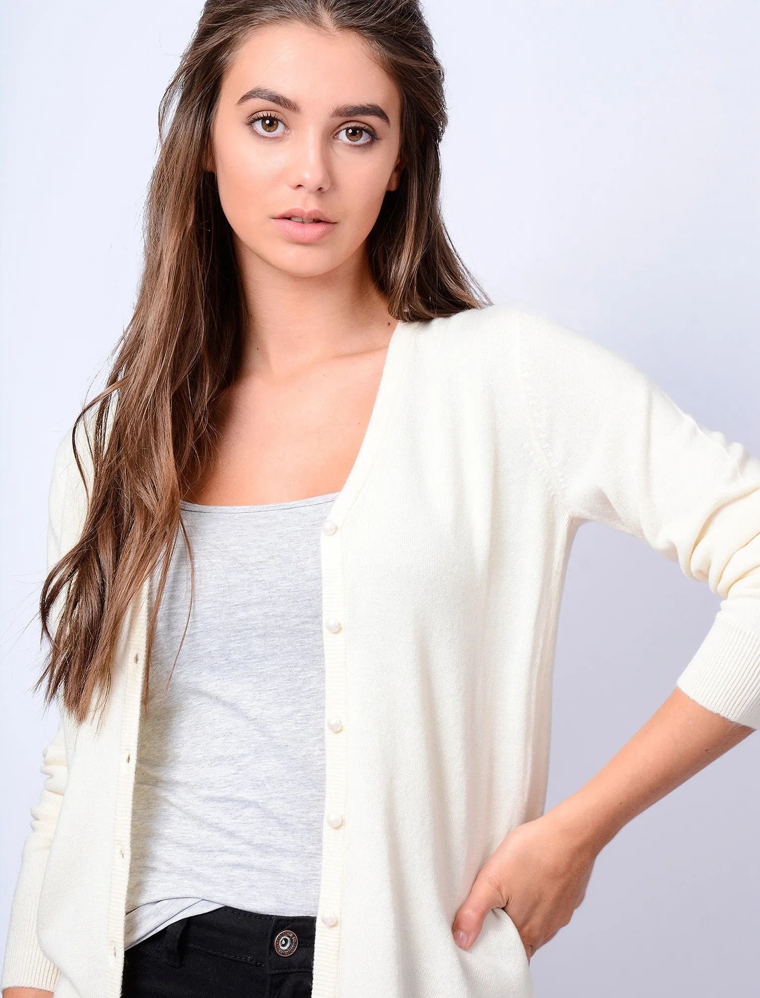 Monet V Neck Button Up Cardigan in Clean Cream - Plum Tree