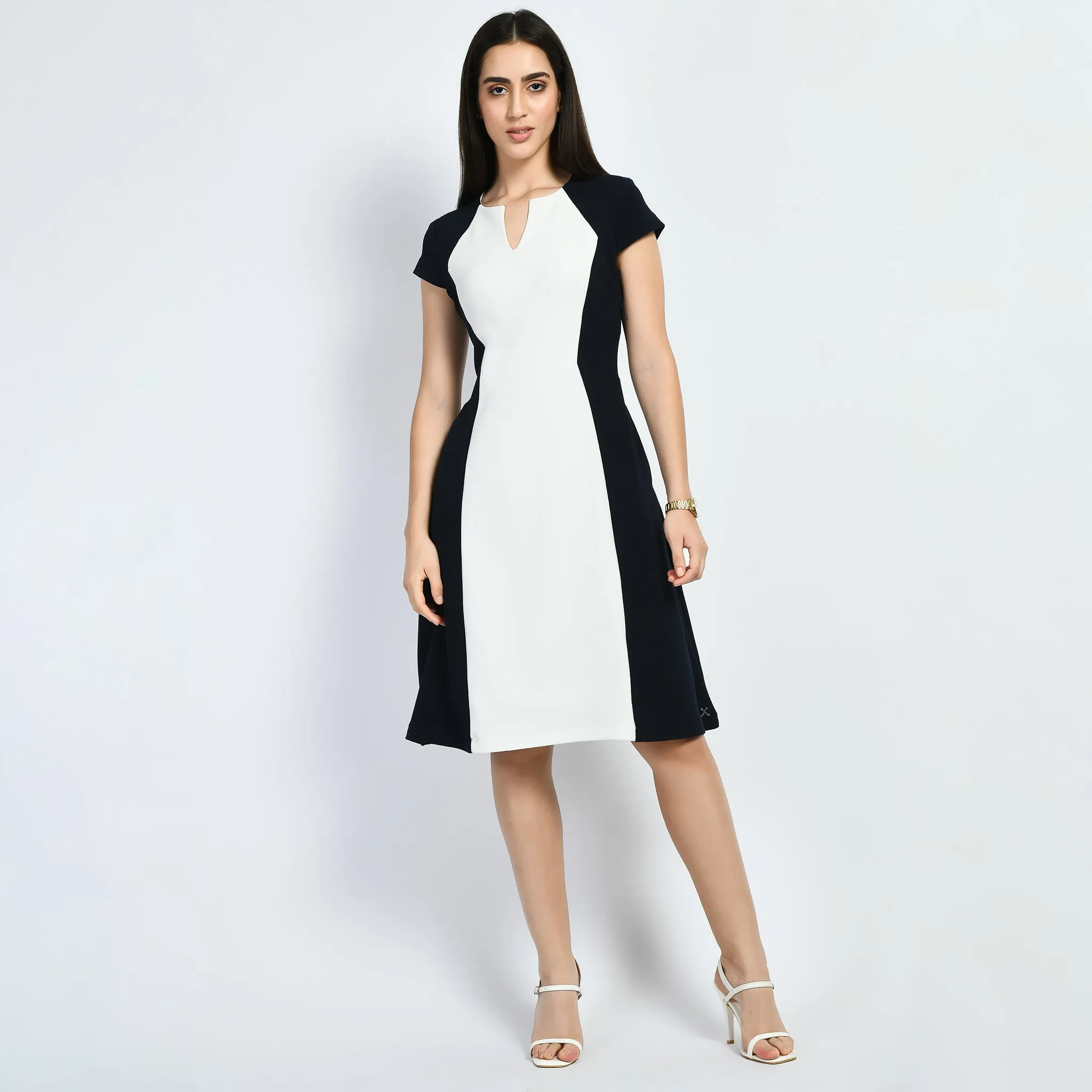 Navy Blue Cotton Blend Blocked Sculpt A-Line Dress