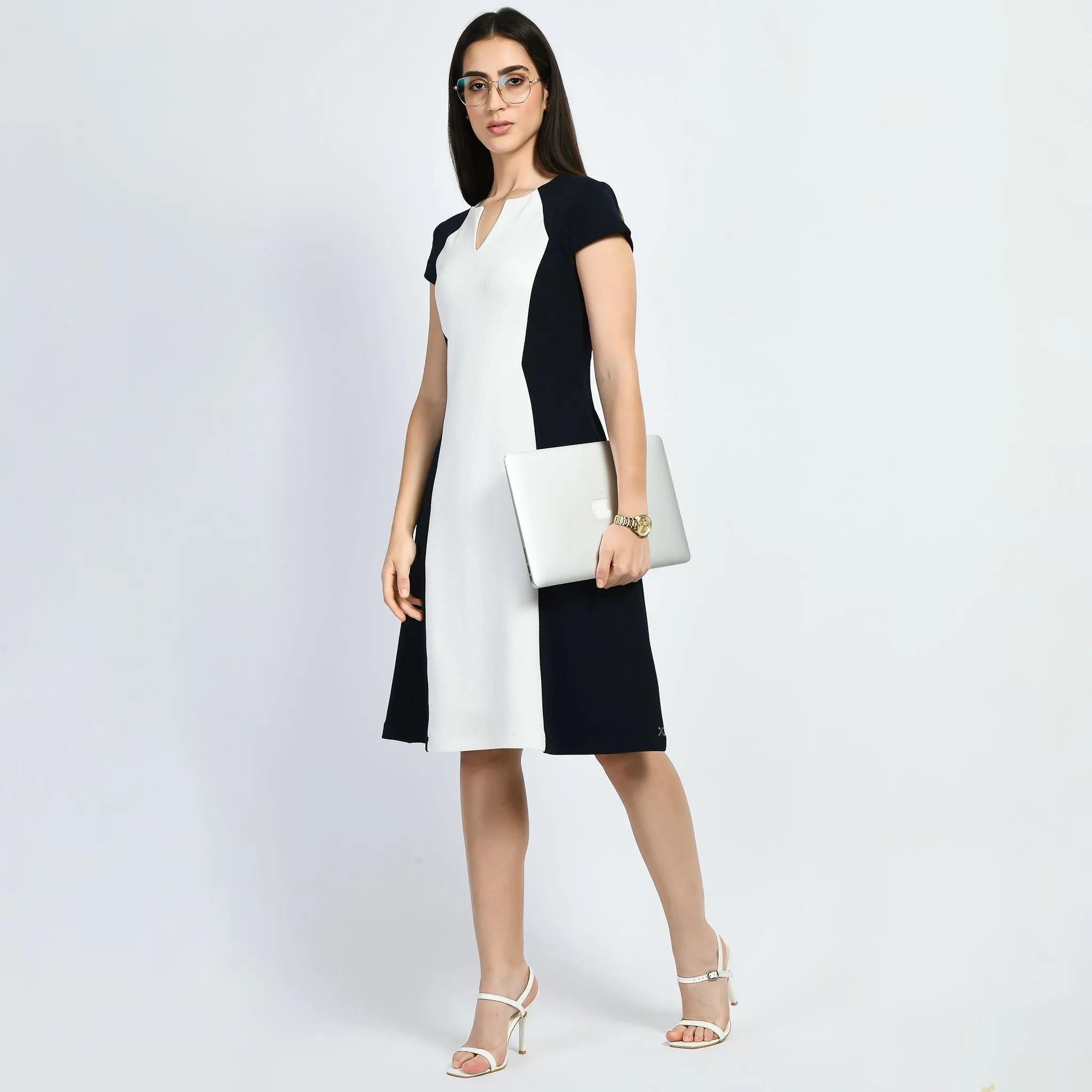 Navy Blue Cotton Blend Blocked Sculpt A-Line Dress