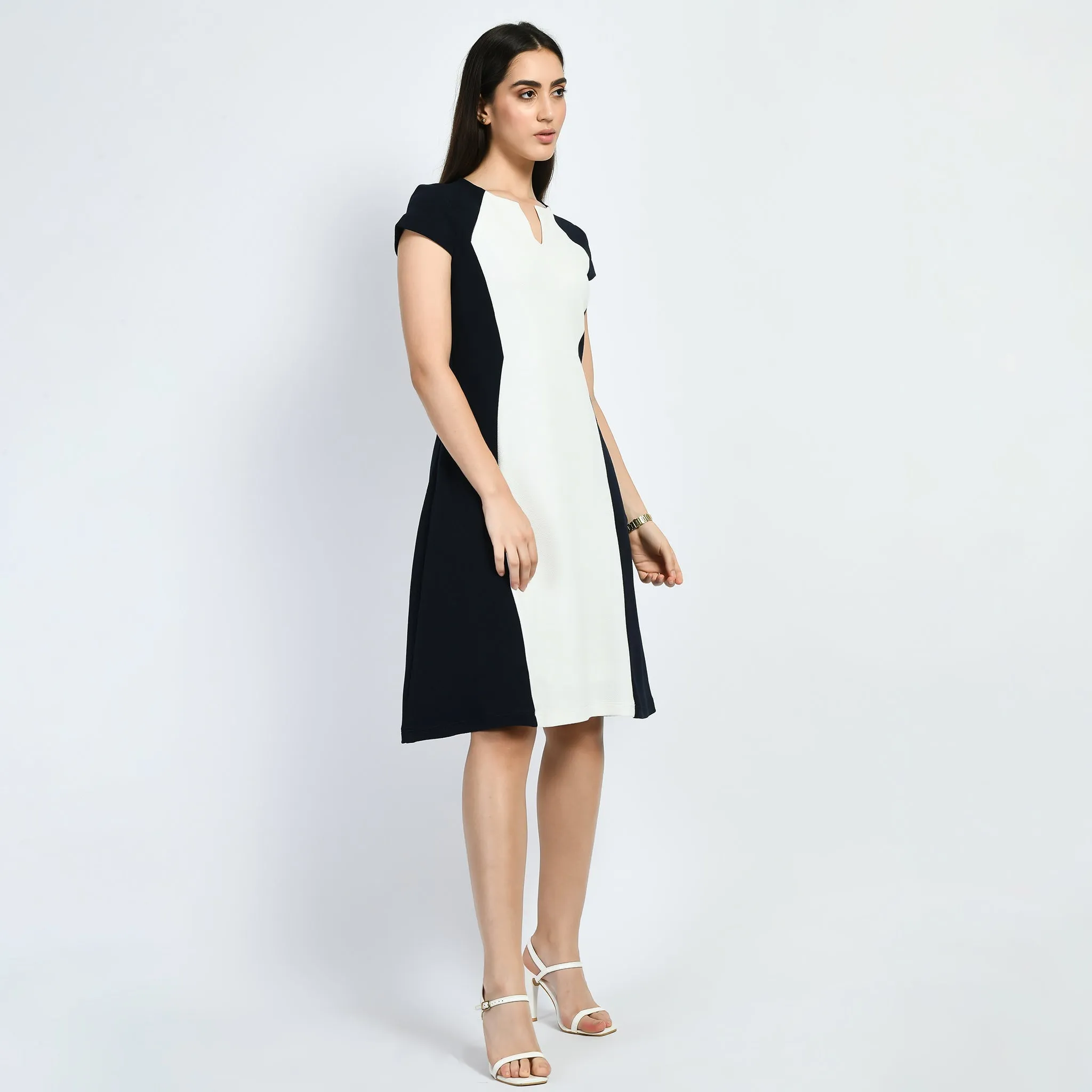 Navy Blue Cotton Blend Blocked Sculpt A-Line Dress