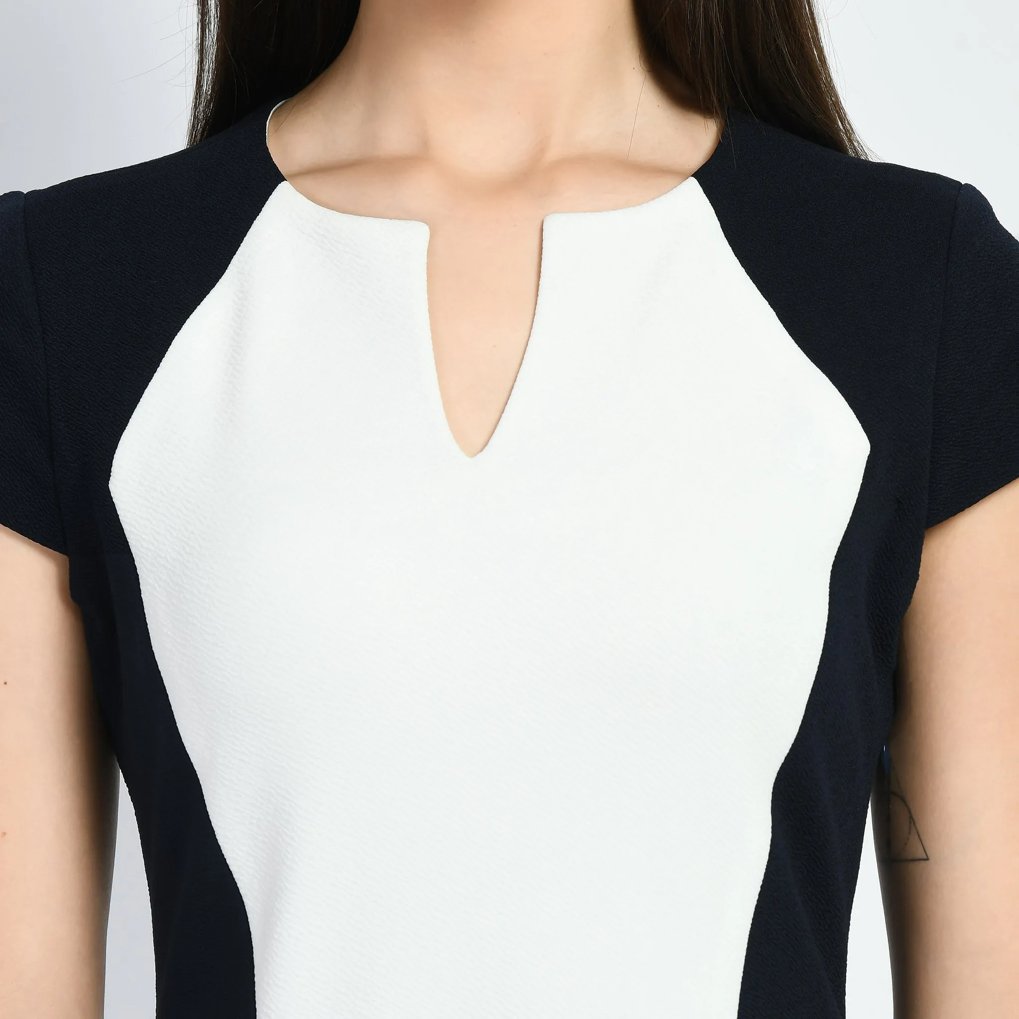 Navy Blue Cotton Blend Blocked Sculpt A-Line Dress