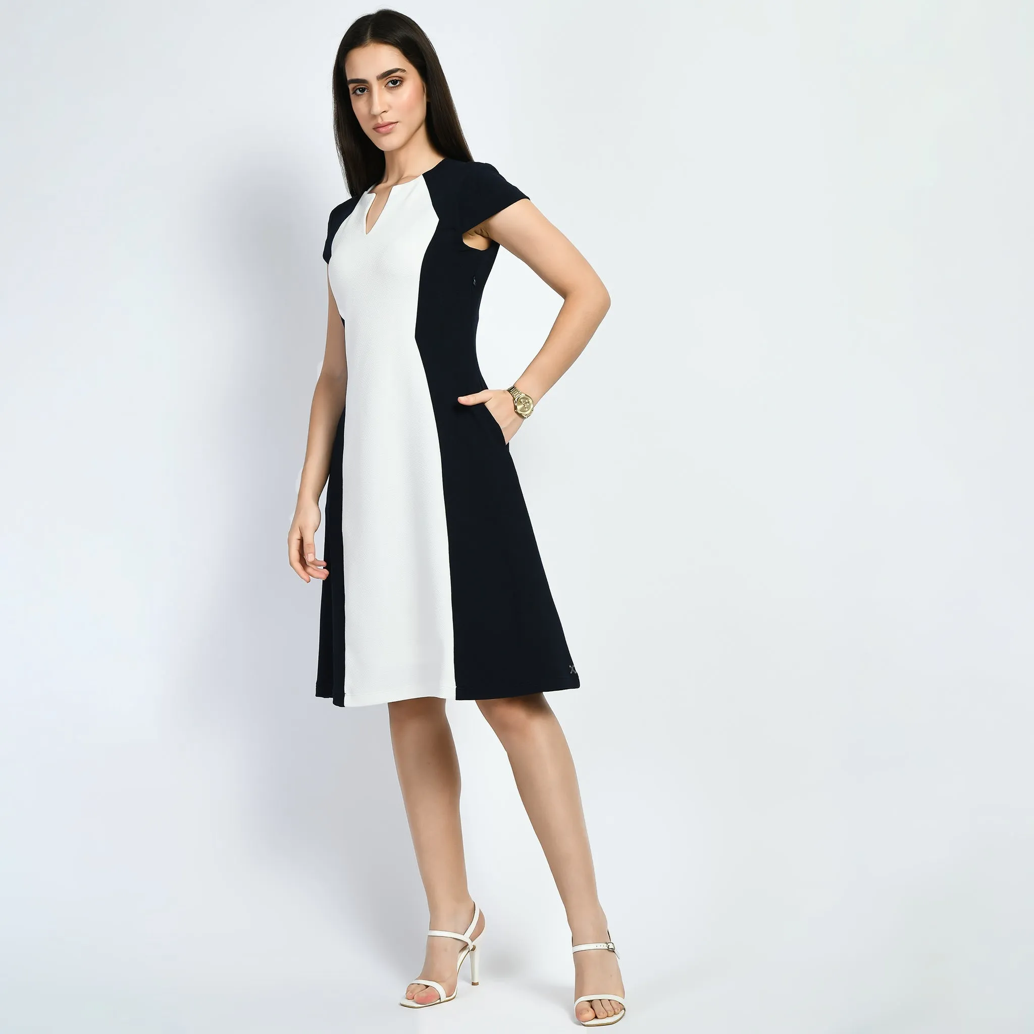 Navy Blue Cotton Blend Blocked Sculpt A-Line Dress